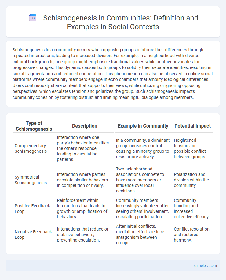 Schismogenesis in Communities: Definition and Examples in Social Contexts