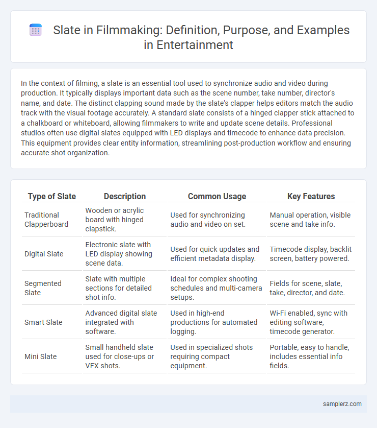 Slate in Filmmaking: Definition, Purpose, and Examples in Entertainment